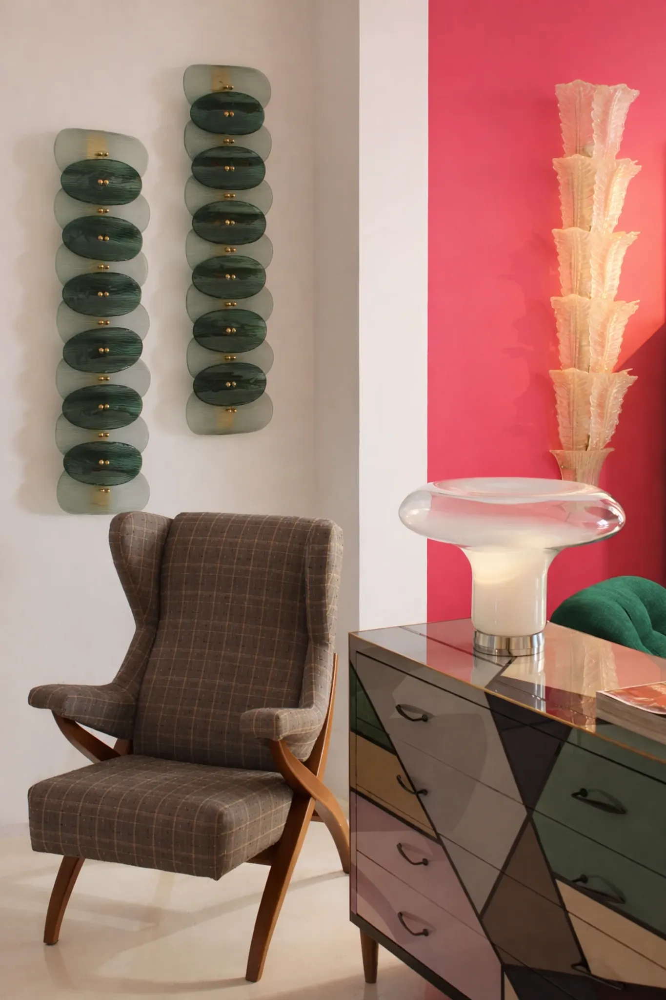 Mid Modern Green And White Murano Glass and Brass Italian Wall Sconces