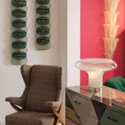 Mid Modern Green And White Murano Glass and Brass Italian Wall Sconces