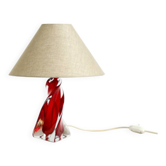 Mid-century table lamp made of solid crystal glass in red and transparent