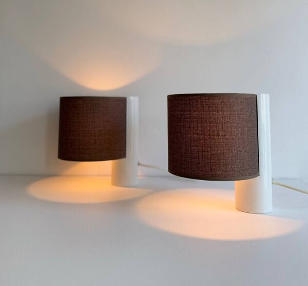Paire de lampe de table vintage, blanche et marron, “fluette” par Gramigna pour Quattrifolio, 1964 Italie
