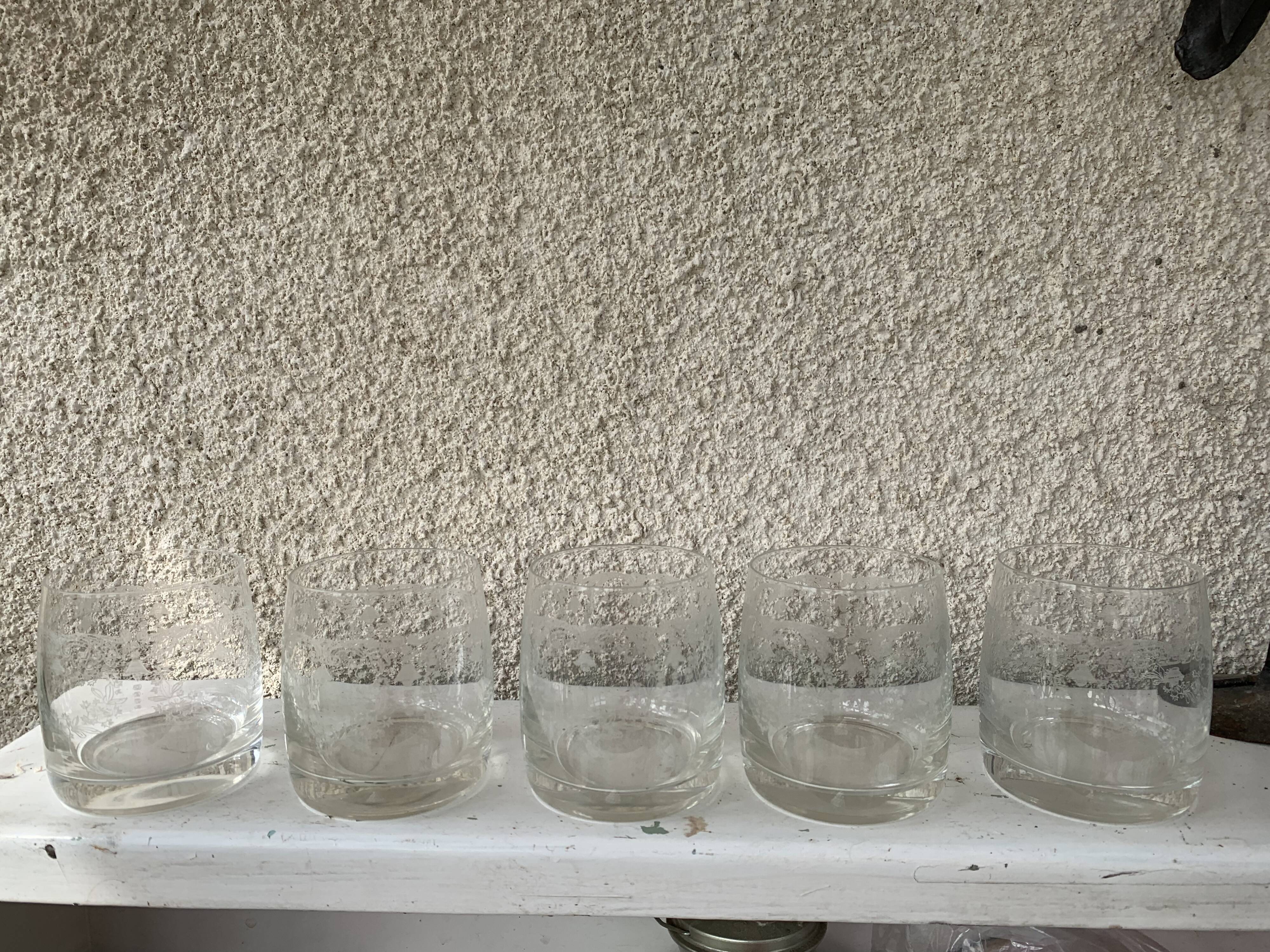 5 antique whiskey glasses, Easter frieze bells and vintage flowers
