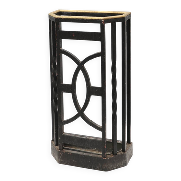 Art Deco metal umbrella stand with geometric openwork and brass rim, Belgiu
