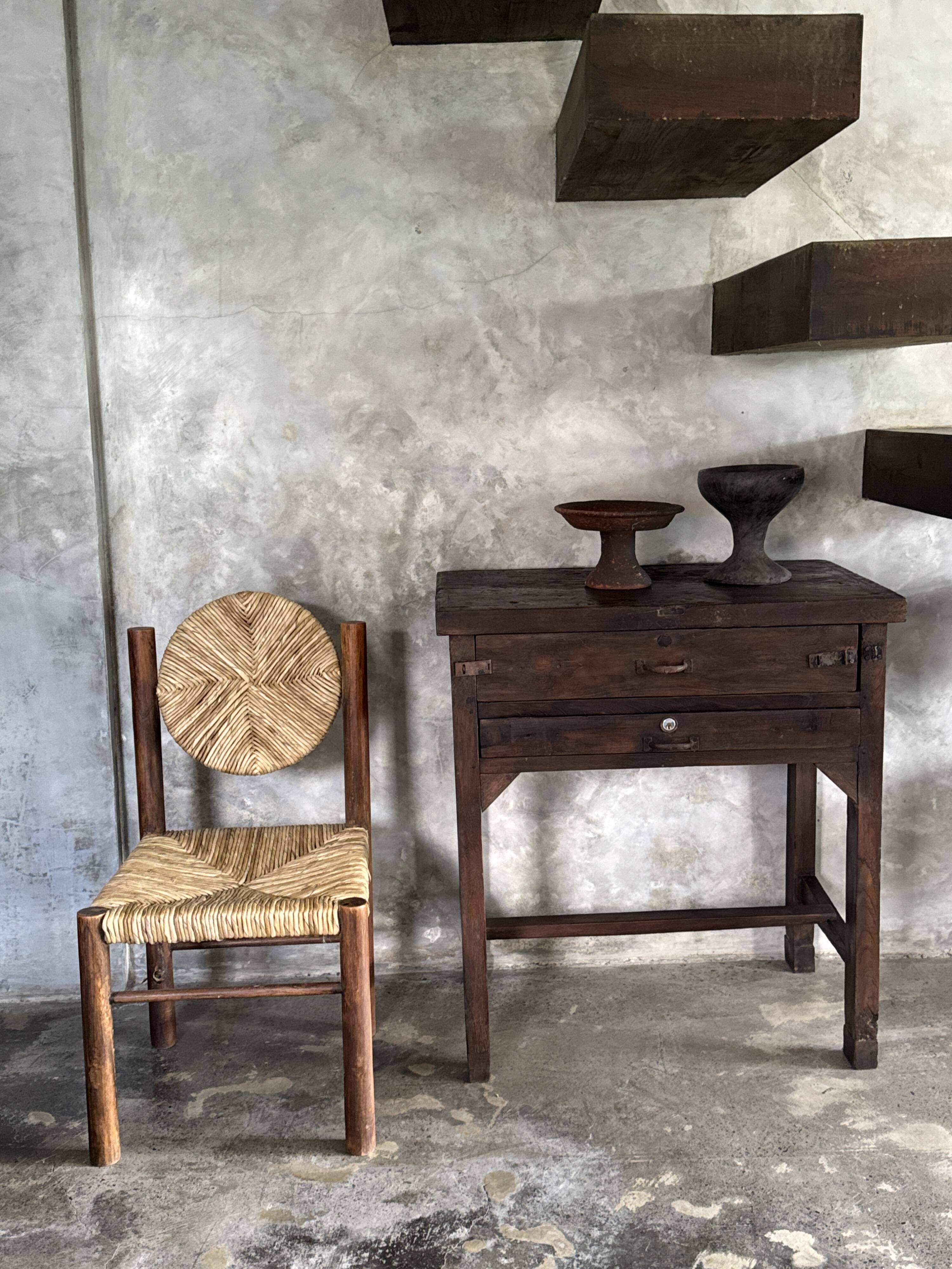 Antique Indonesian teak workbench with two drawers and stretcher H89.