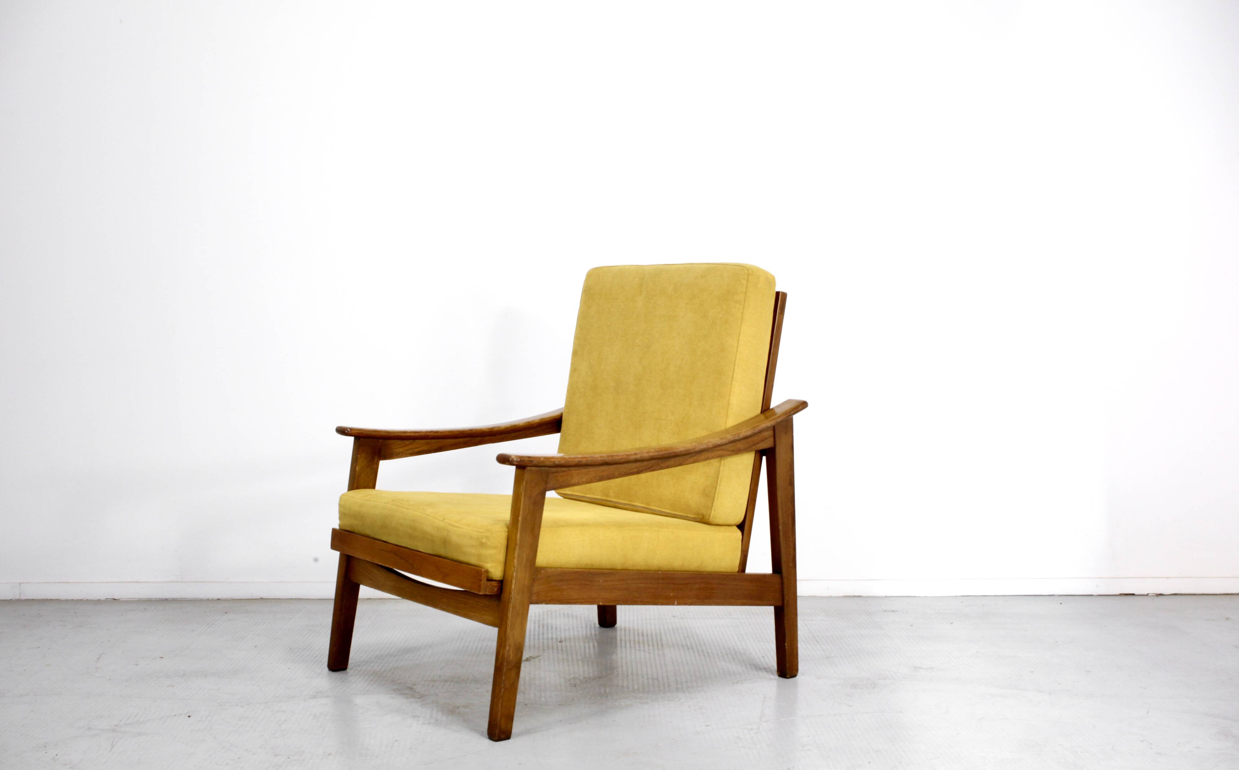 Midcentury Italian Armchair In Teak And Mustard Velvet.