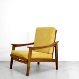 Midcentury Italian Armchair In Teak And Mustard Velvet.