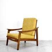 Midcentury Italian Armchair In Teak And Mustard Velvet.