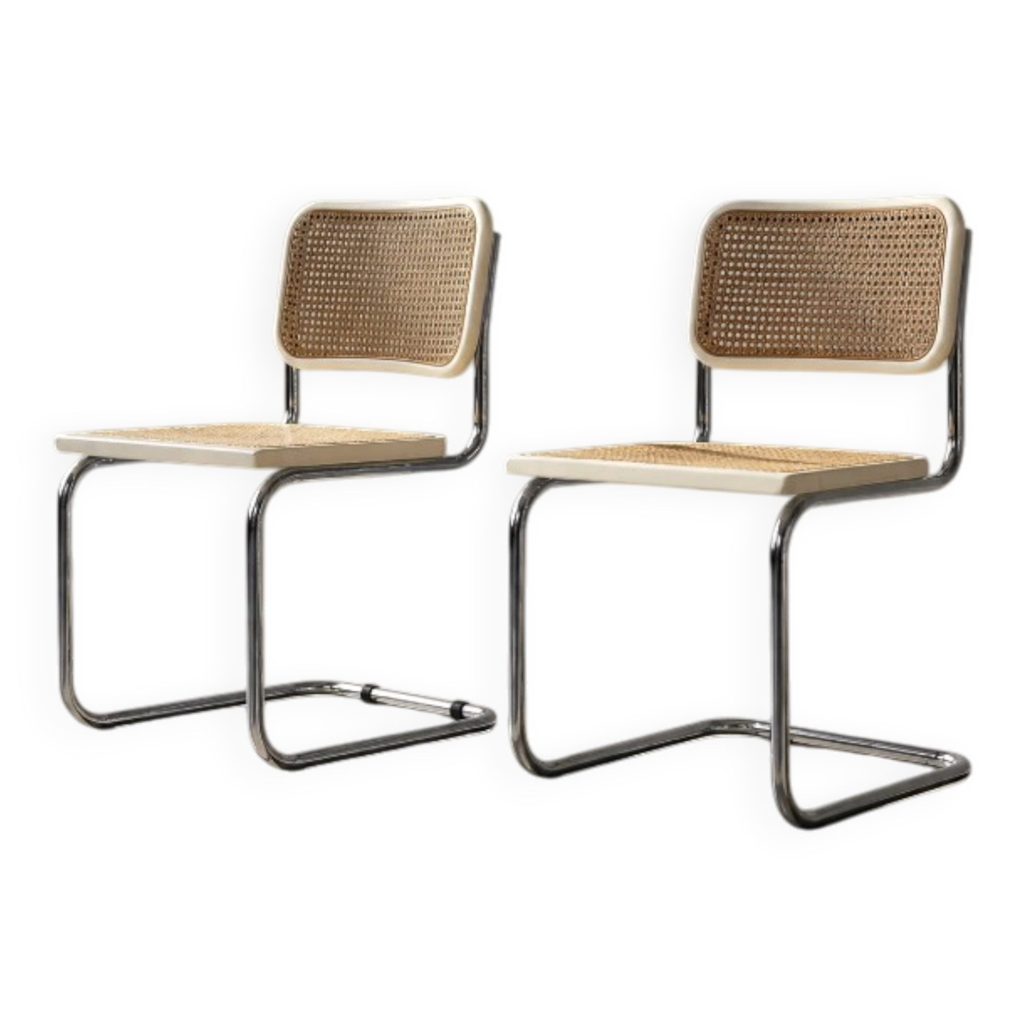 Set of 2 Vintage MidCentury Italian Modern White Wood&French Wicker Chairs
