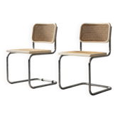 Ensemble de 2 chaises vintage mi-siècle modernes italiennes en bois blanc et osier français.