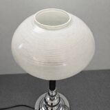 Large Art Deco table lamp, chrome base and satin glass globe.
