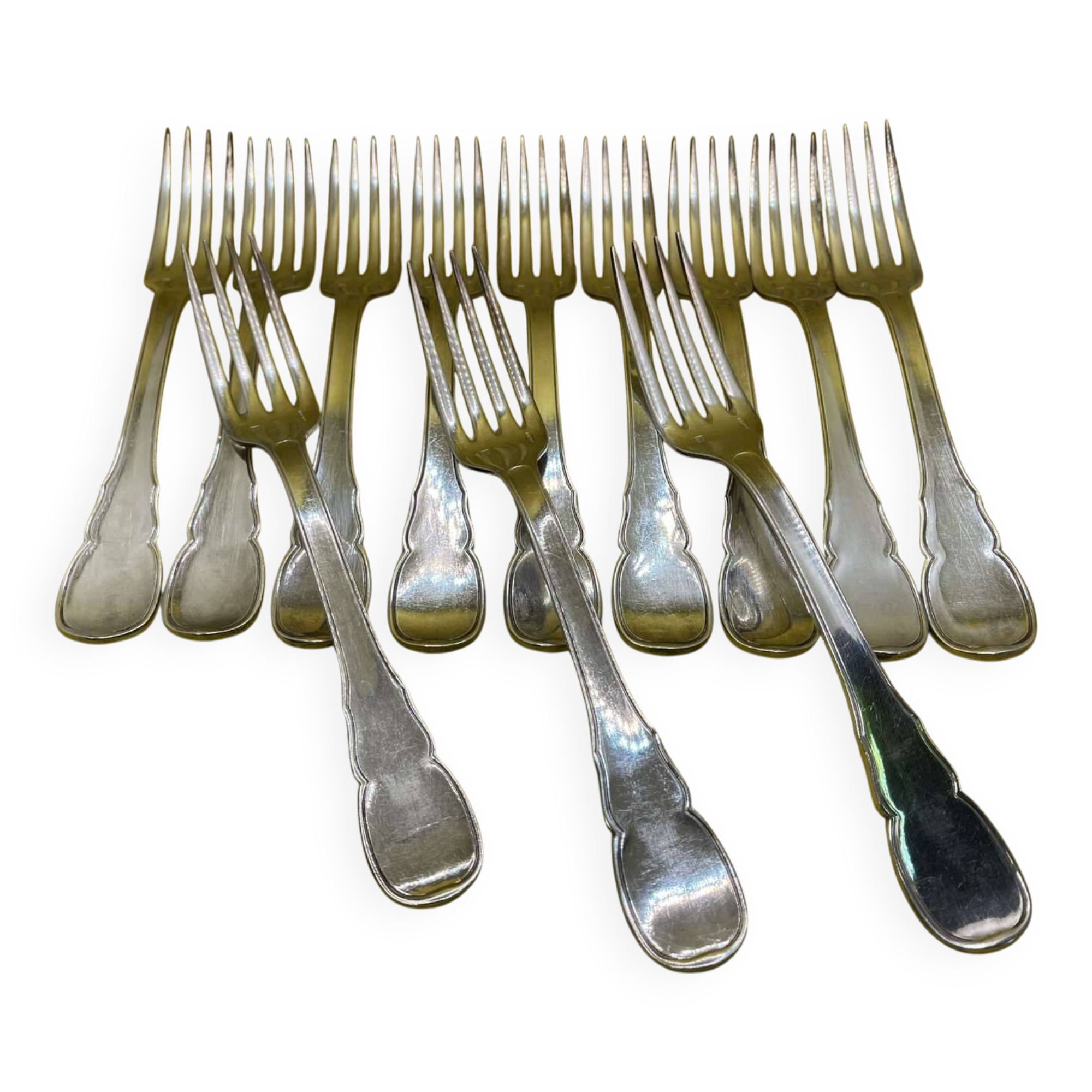 Set of 12 large silver-plated metal forks BOULENGER