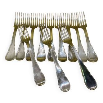Set of 12 large silver-plated metal forks BOULENGER