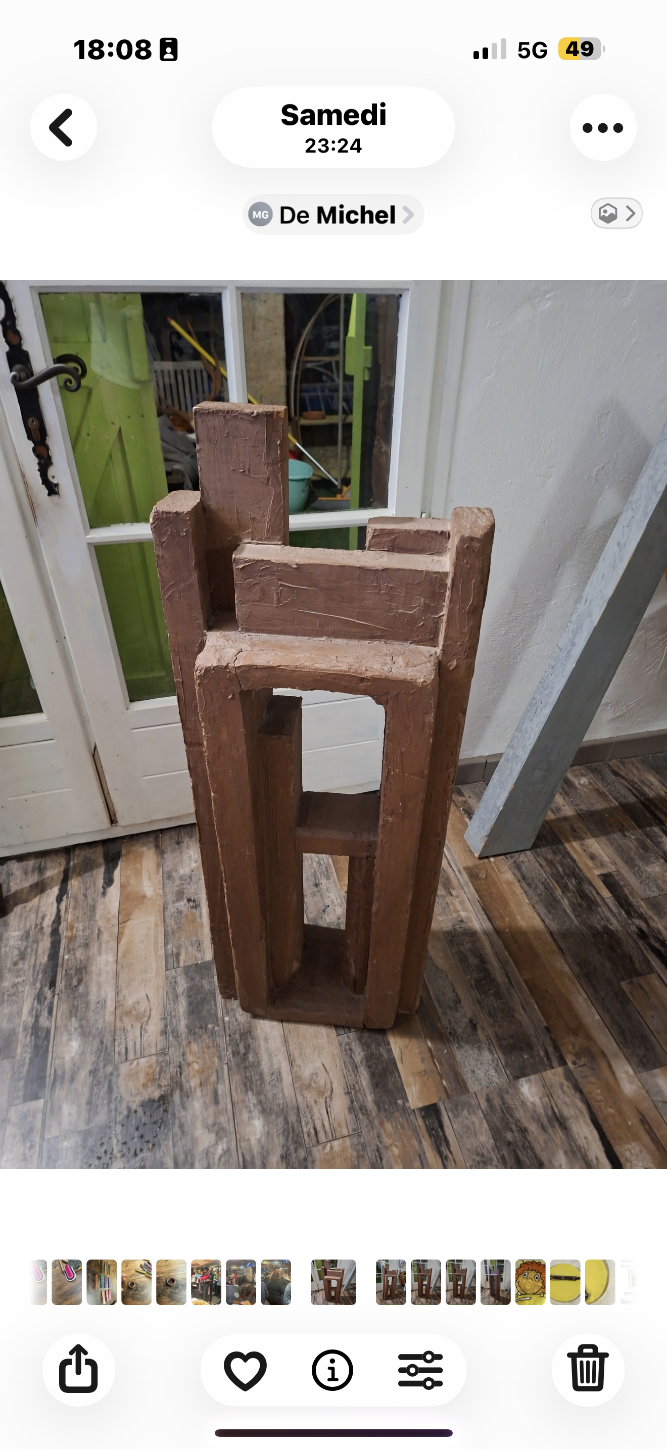 Superb postmodern brutalist sculpture in wood, metal, and material.