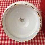 Red enameled metal teapot with chain