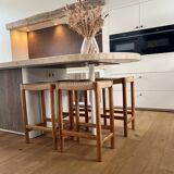 Solid wood stool with hand-woven seat