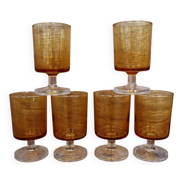 Lot 6 verres à vin blanc ambrés Luminarc France 70'S