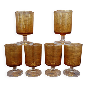 Lot of 6 Luminarc France 70'S amber white wine glasses