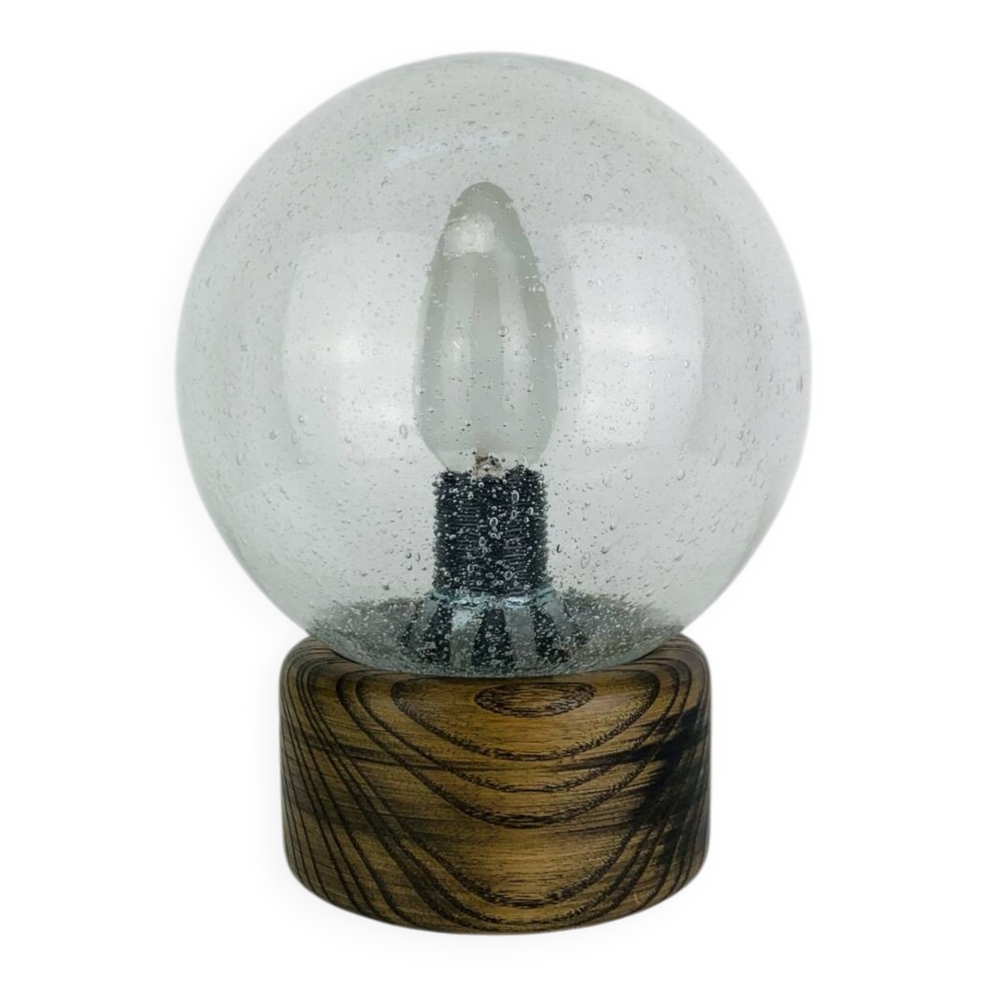 Lampe brutaliste bois massif et globe verre bullé, Temde Leuchten, 60