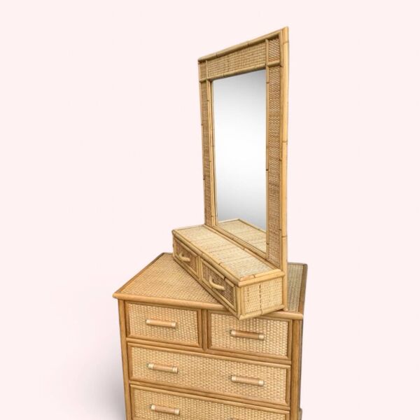 Commode et miroir en rotin et osier tressé 1970