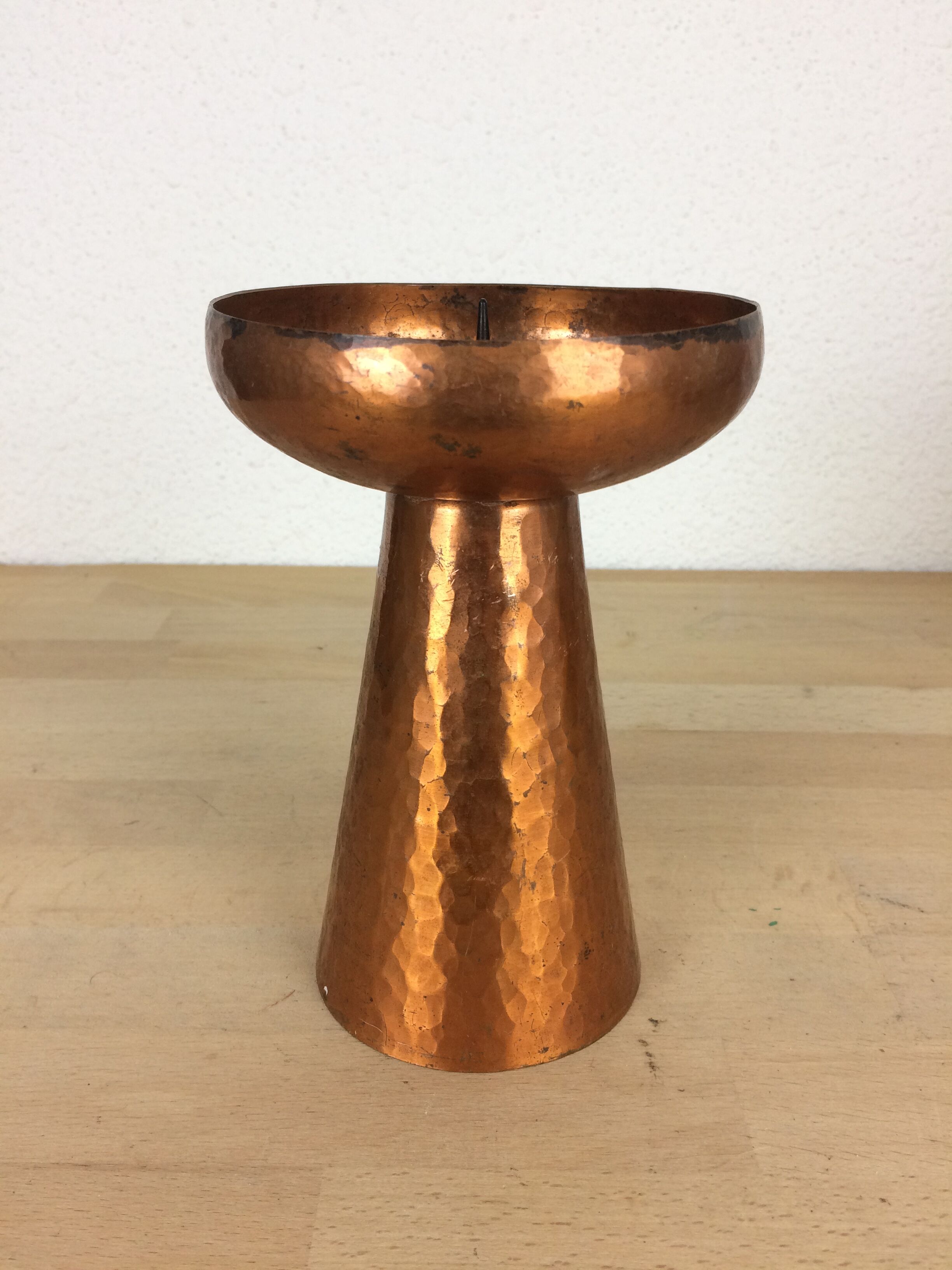 Modernist Scandinavian candle holder in hammered copper