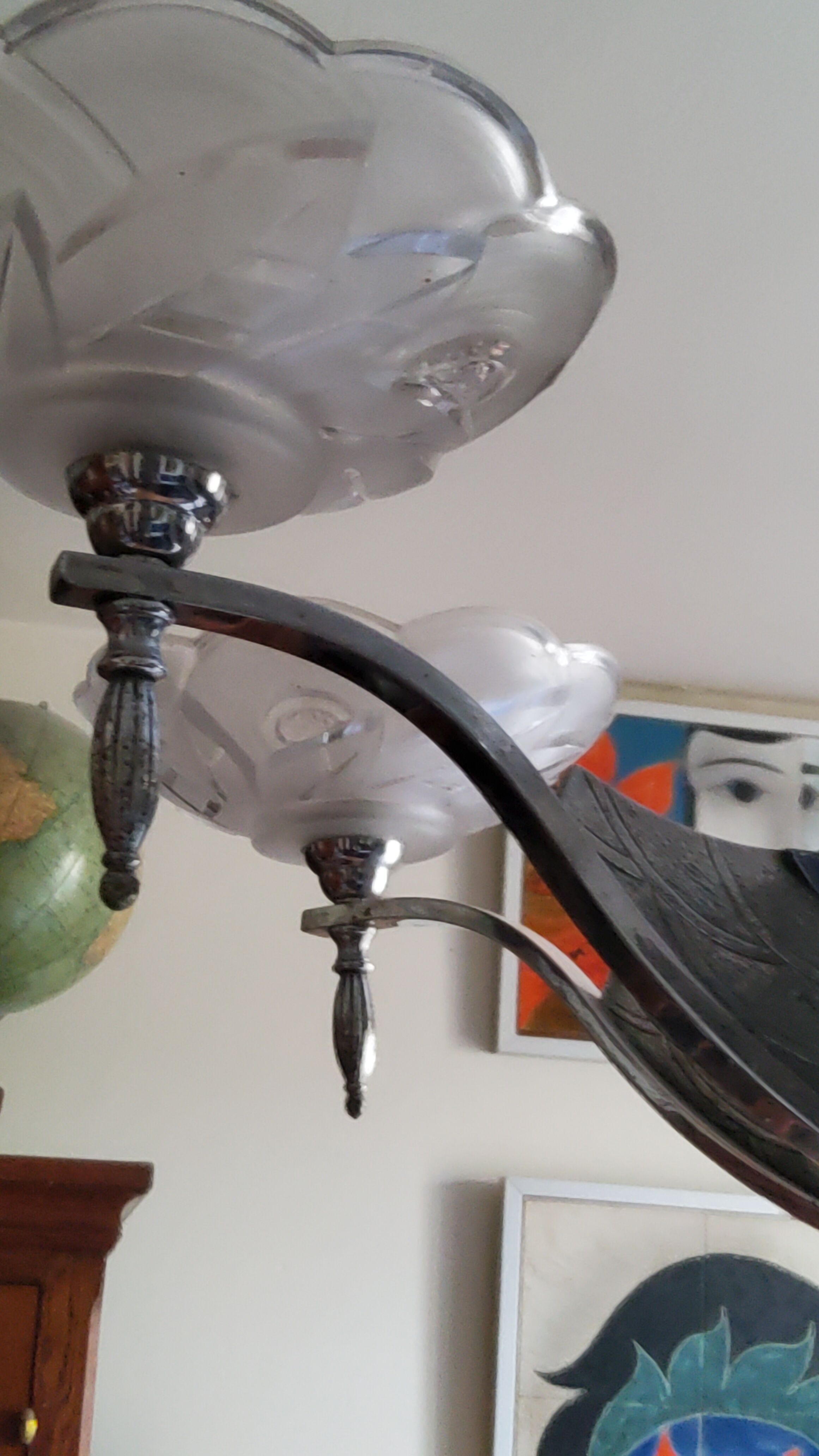 Art deco chandelier in chromed metal and glass 6 arms of lights