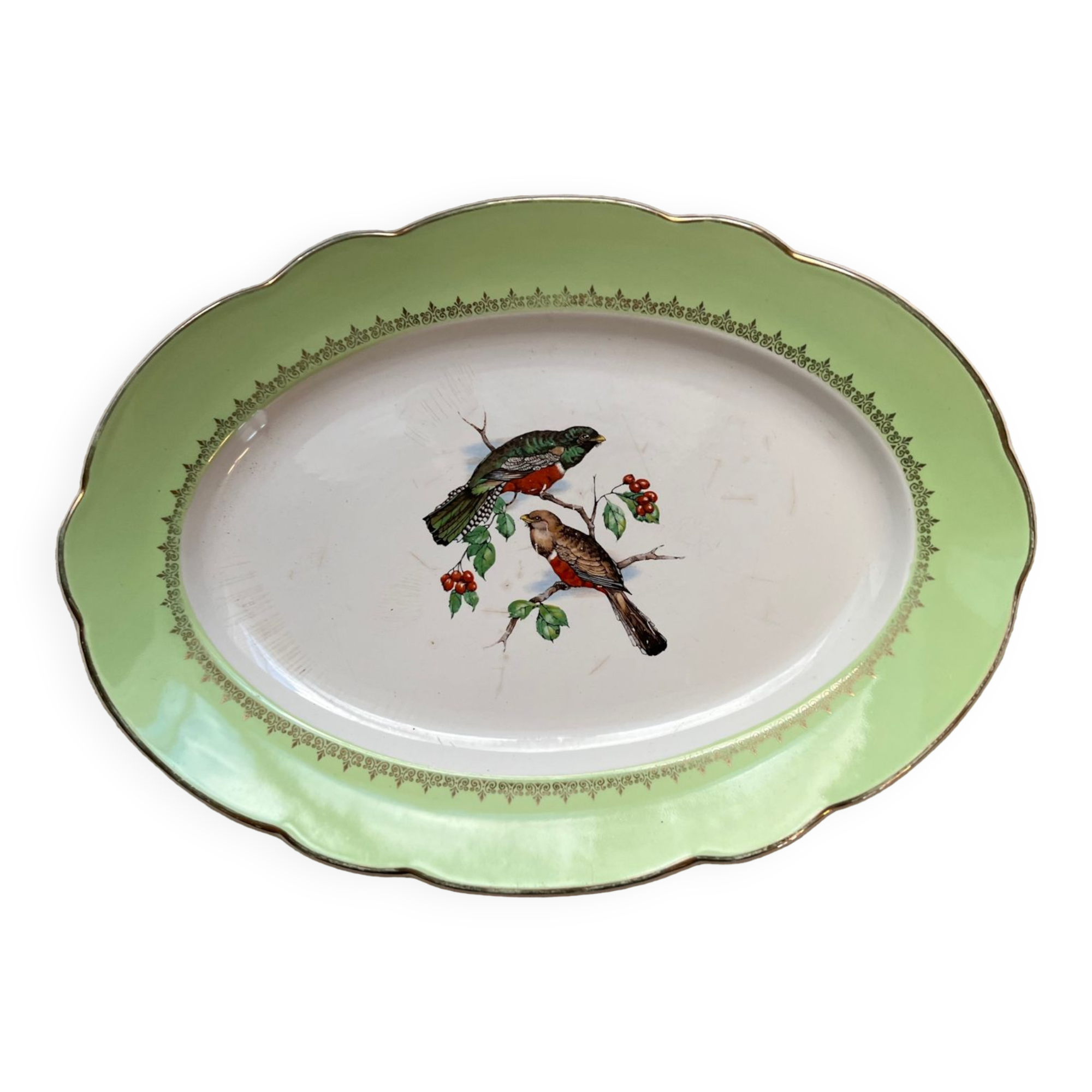 Old oval dish in Badonviller earthenware, decorated with Les Oiseaux.
