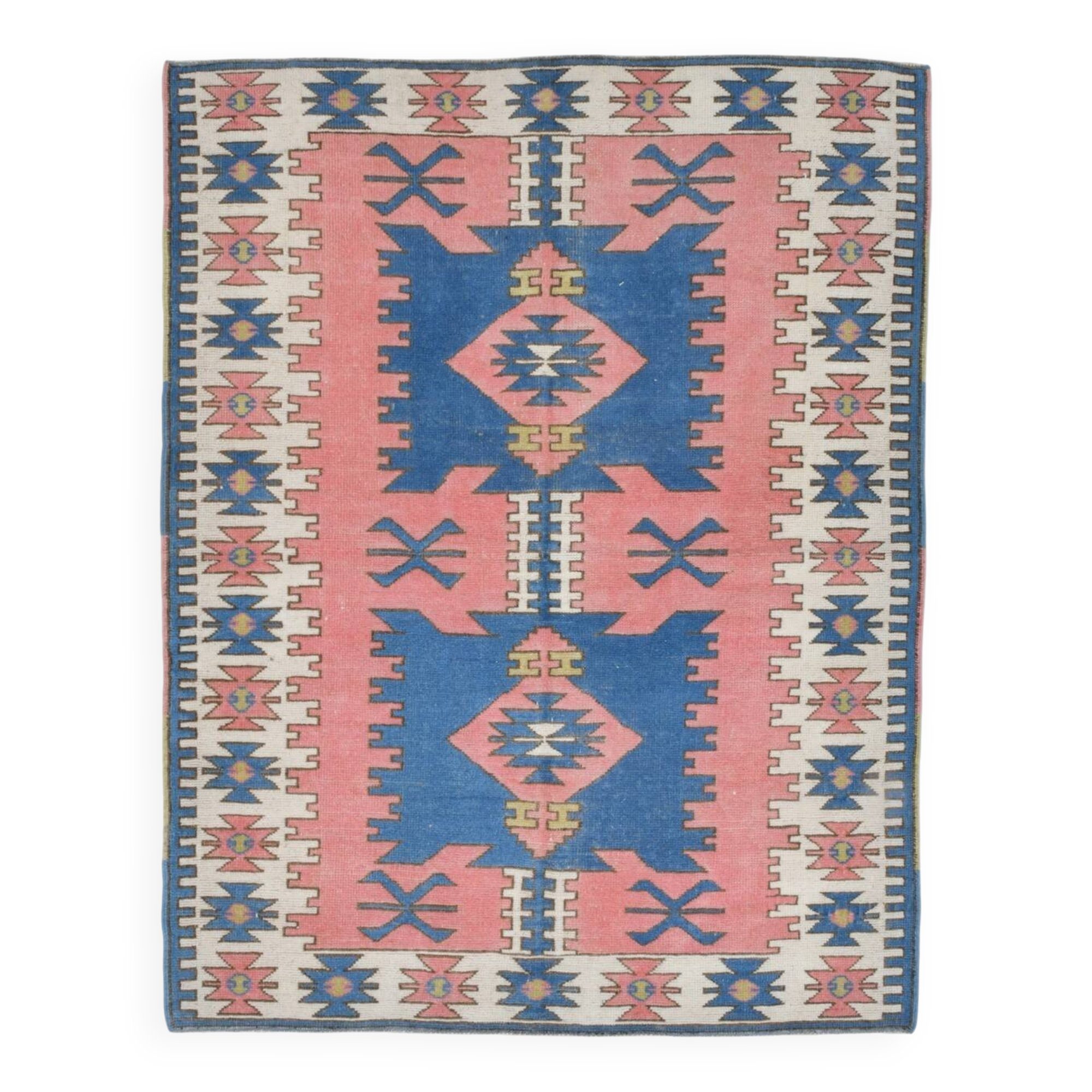 5x6 Blue & Pink Vintage Rug, Handmade Wool Turkish Rug, 141x184Cm
