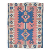 Tapis vintage bleu et rose 5x6, tapis turc en laine fait main, 141x184 cm