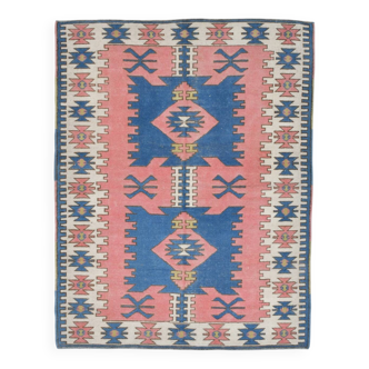 Tapis vintage bleu et rose 5x6, tapis turc en laine fait main, 141x184 cm