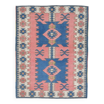 5x6 Blue & Pink Vintage Rug, Handmade Wool Turkish Rug, 141x184Cm