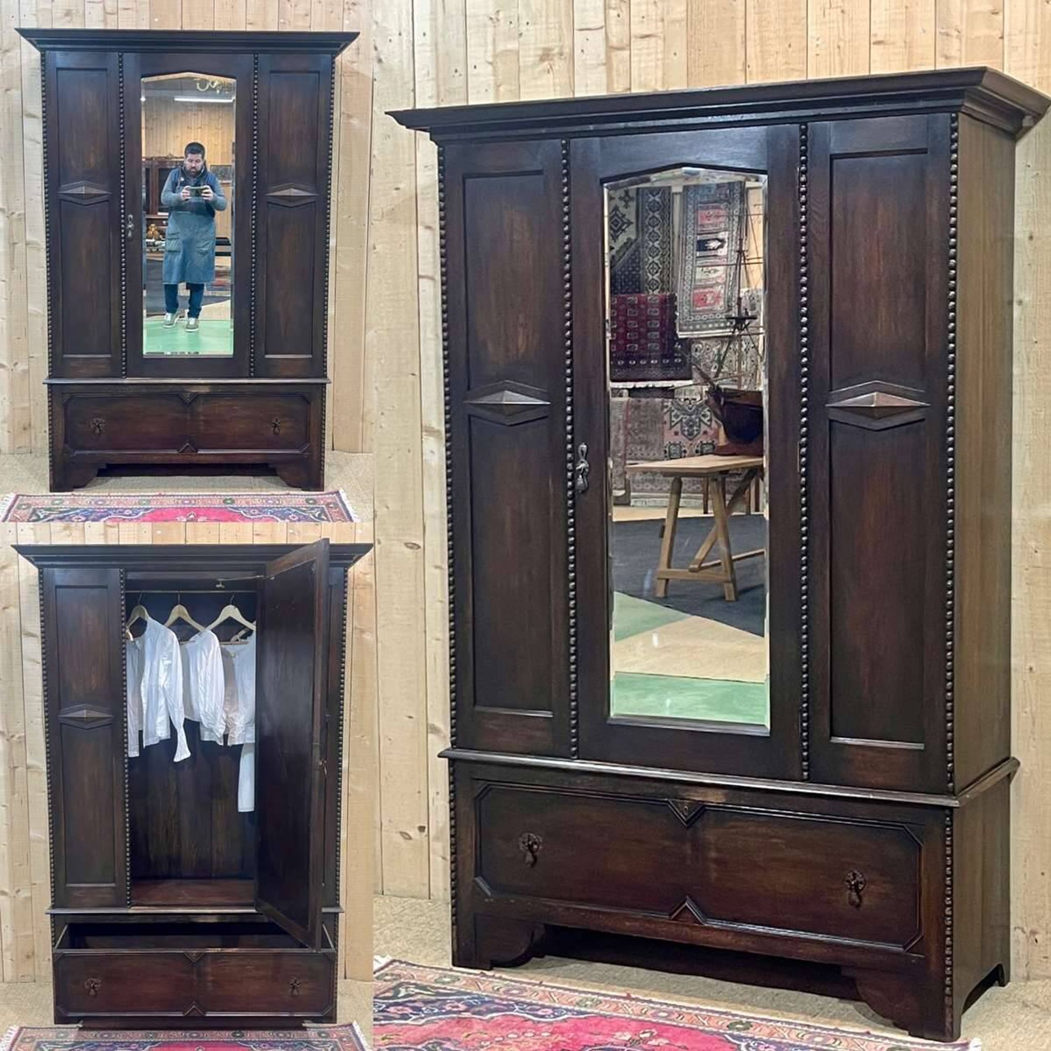 English oak wardrobe from the beginning of the 20th century - Dismantable into 3 parts