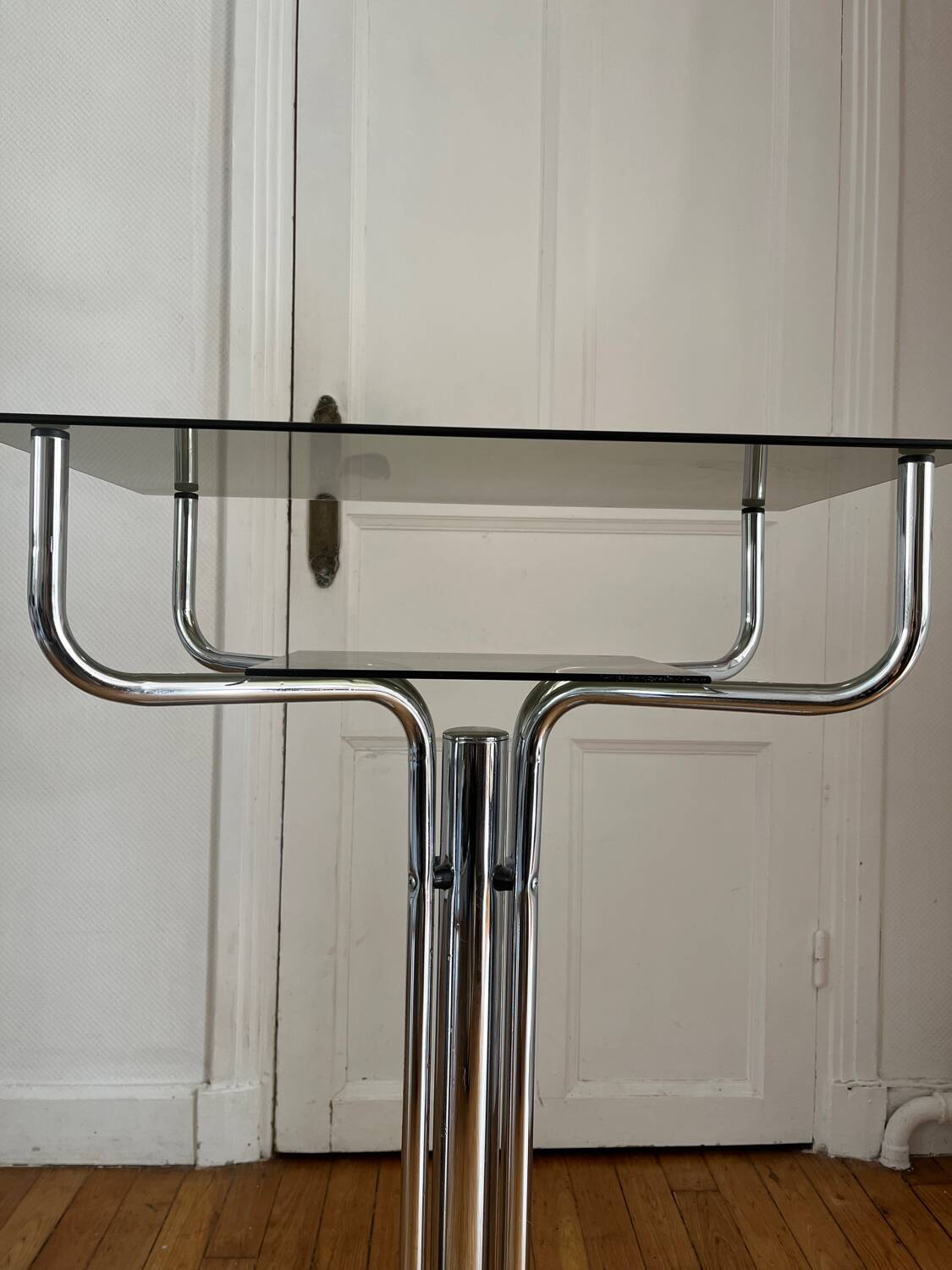 Console, guéridon en métal, marbre et verre fumé, 1980