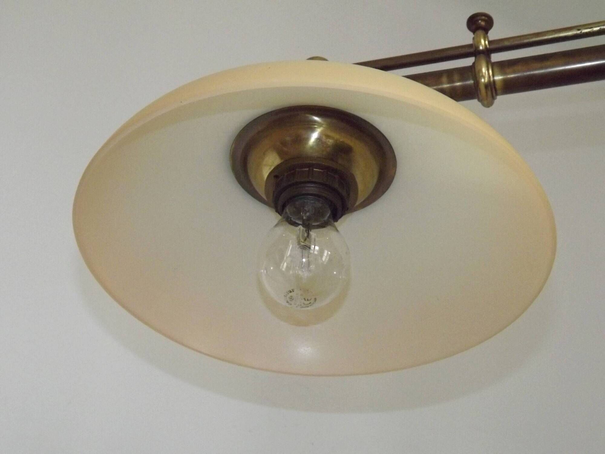 2 Light French Mid Century Extendable Billiard Light In Brass Wood & Glass
