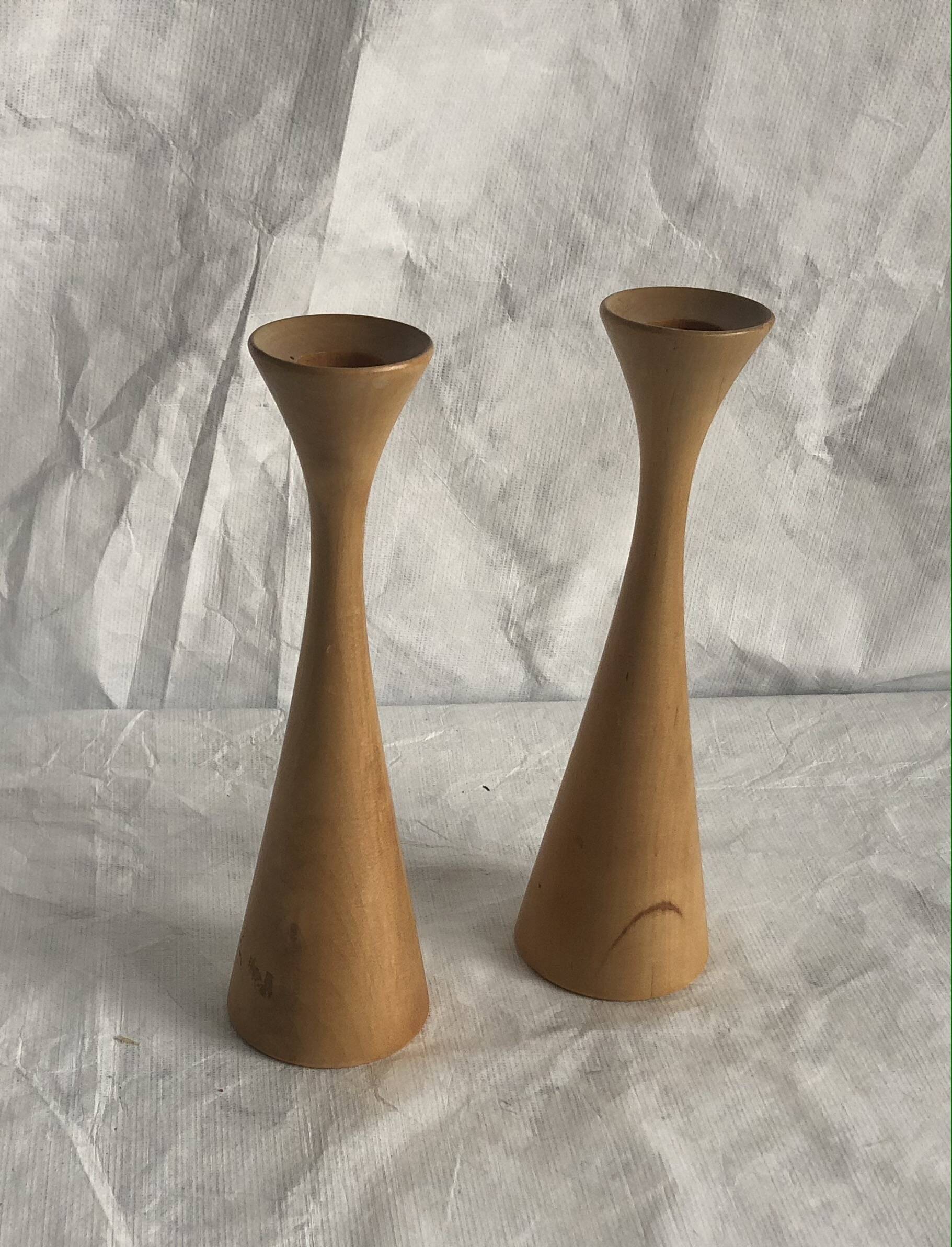 Pair of vintage birch wood candlesticks, Scandinavian design