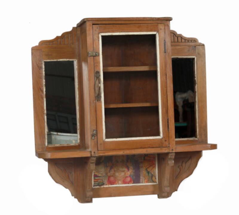Vitrine murale Art Deco avec Miroirs vieux teck patine et piece d'origine inde