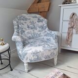Fauteuil crapaud toile de Jouy bleu