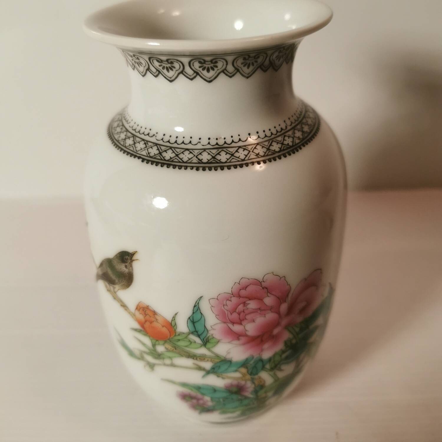 Small Asian Chinese Baluster Vase in White Porcelain with Caligraphed Poem. Stamped and S