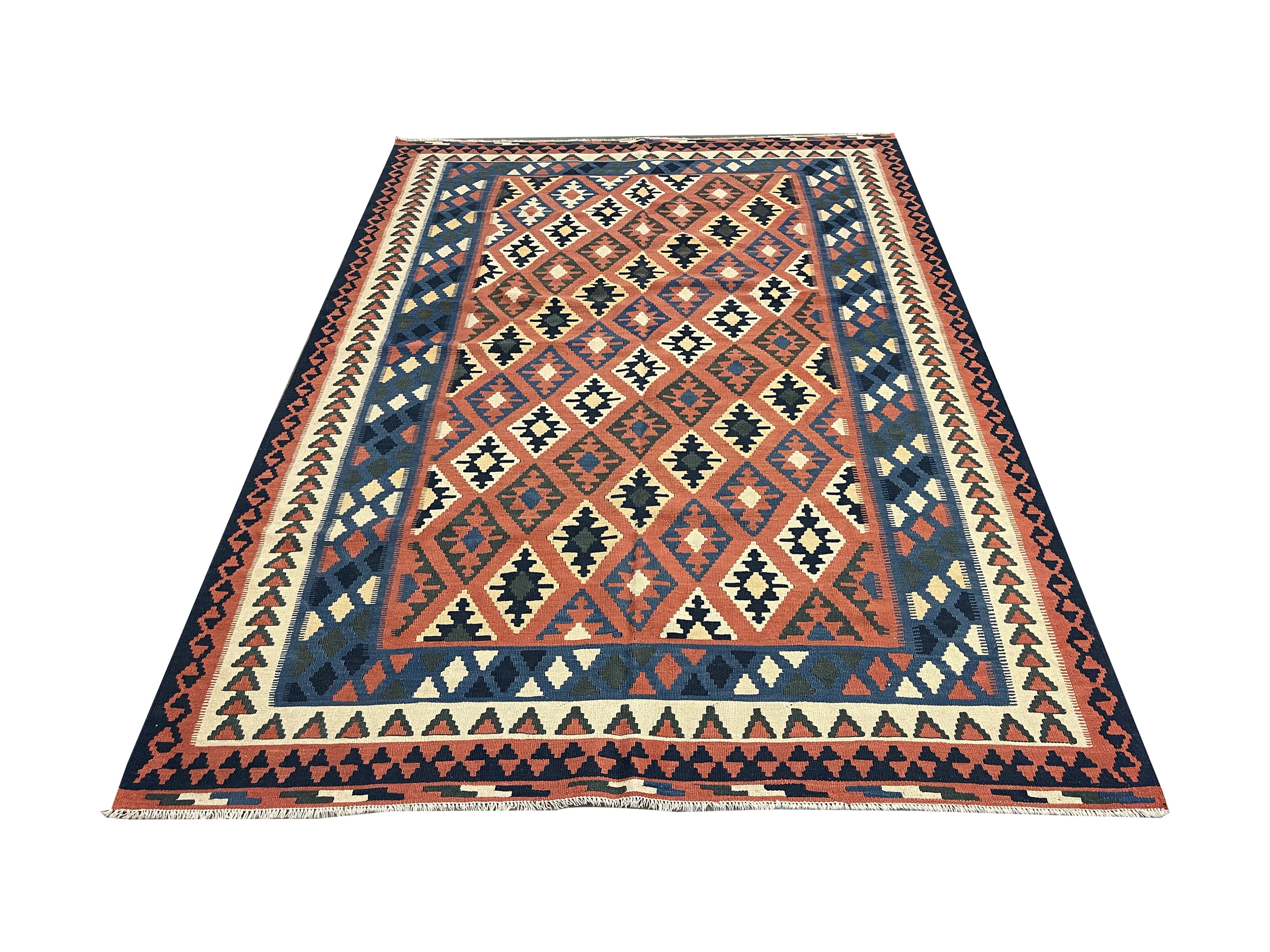 Tapis Kilim fait main pour chambre à coucher, en laine tissée à plat, motif géométrique rouille, 293 × 210 cm