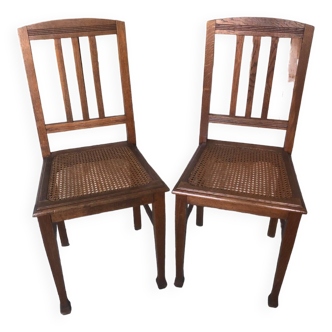 Pair of art deco chairs in wood & cane seat