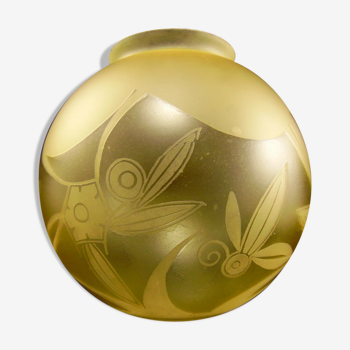 Acid engraved glass ball decorated with birds and geometric art deco