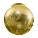 Acid engraved glass ball decorated with birds and geometric art deco