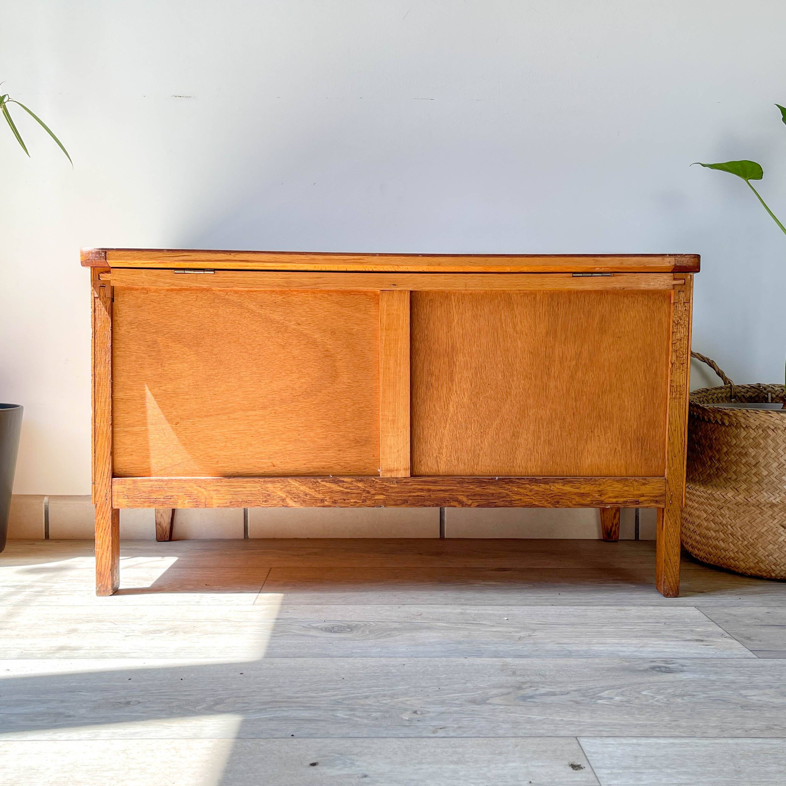 Vintage wooden and rattan storage bench – 1960s – Retro storage bench