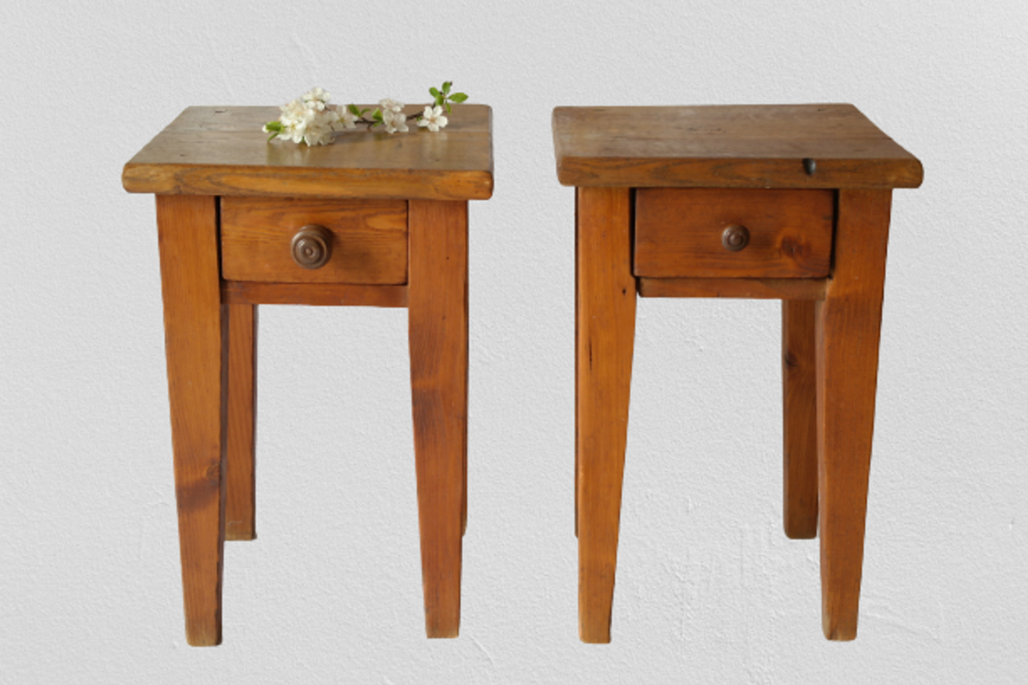 Pair of vintage country bedside tables oak and fir