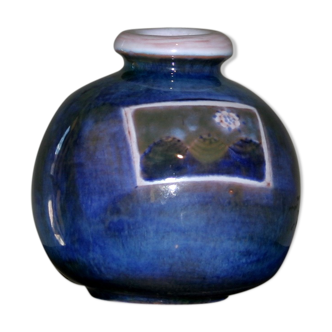 Blued rounded vase with landscape/flowers