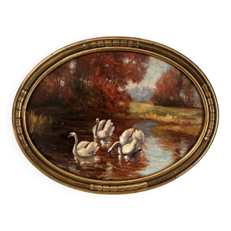 Old painting of swans by R Lutter around 1920.