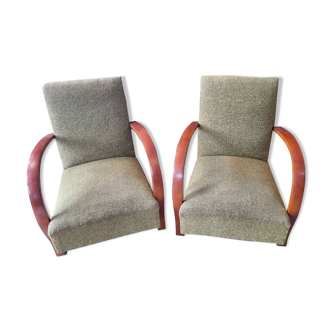 Pair of Art Deco armchairs in wood, mottled fabric, year 1950