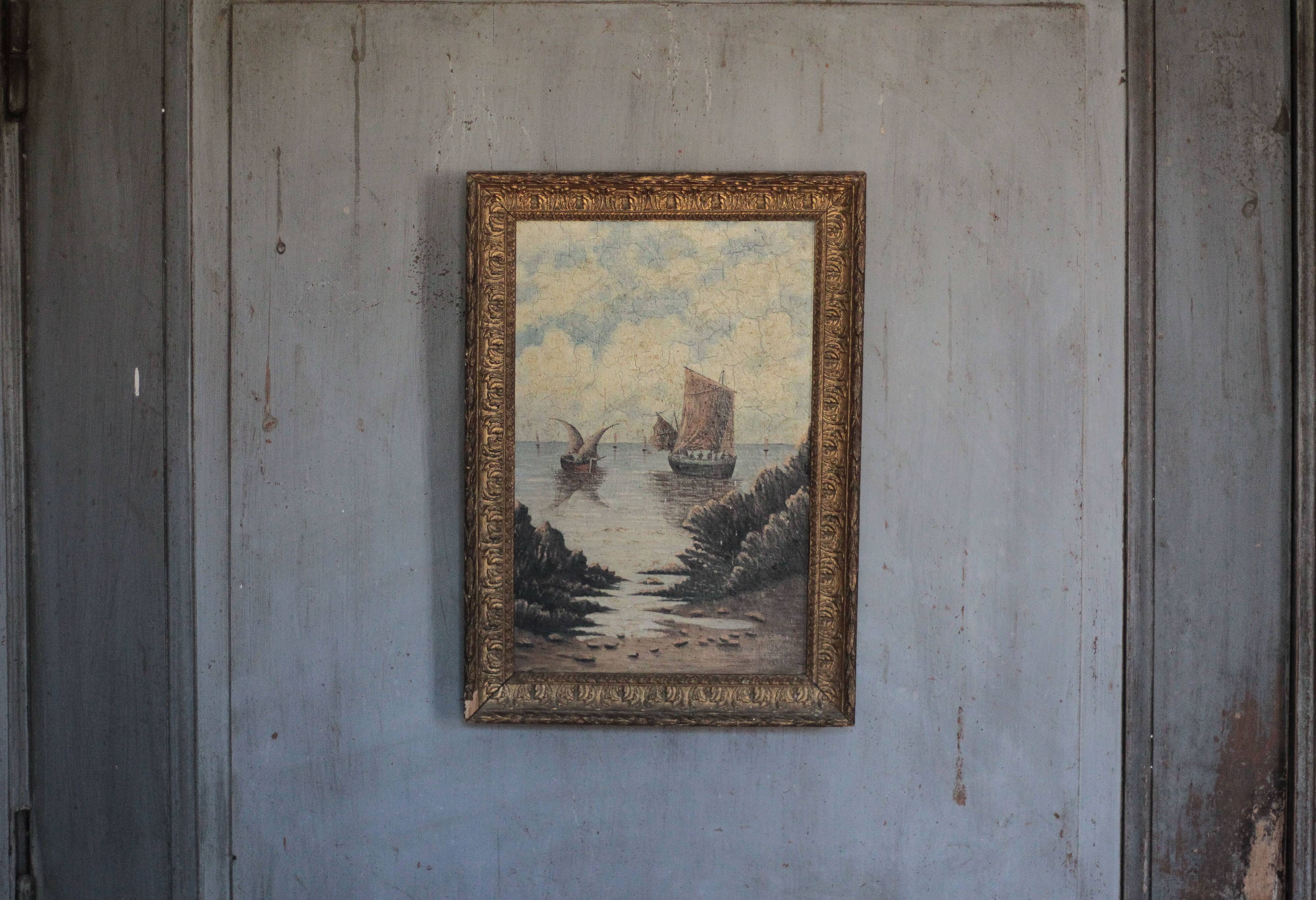 Old painting, marine painting, framed painting, wall painting, boat