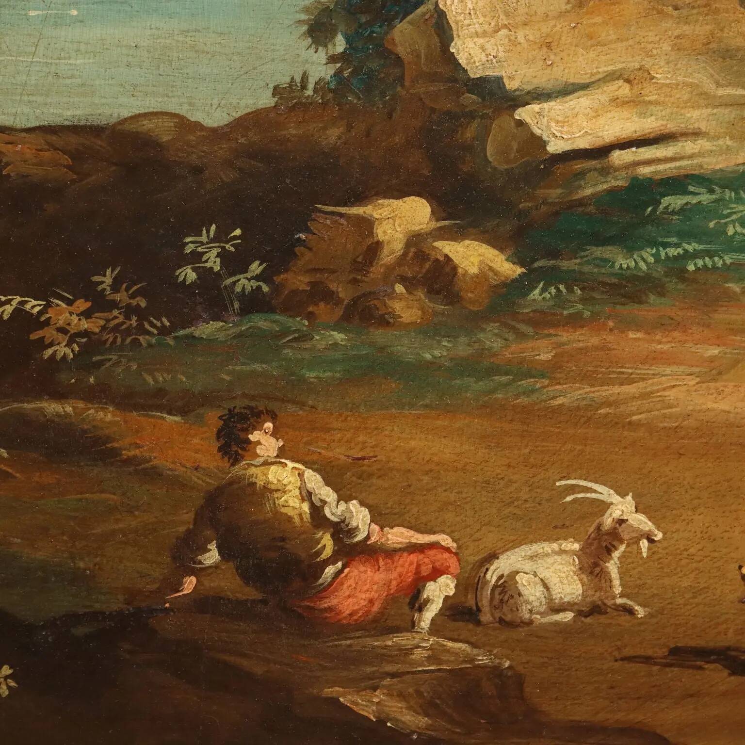 Peinture ancienne paysage avec rivière, huile sur panneau dur XVIII Century