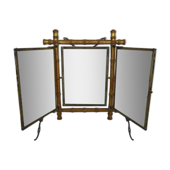 Old barber mirror triptych wooden imitation bamboo, Napoleon III floral decoration. Early twentieth century