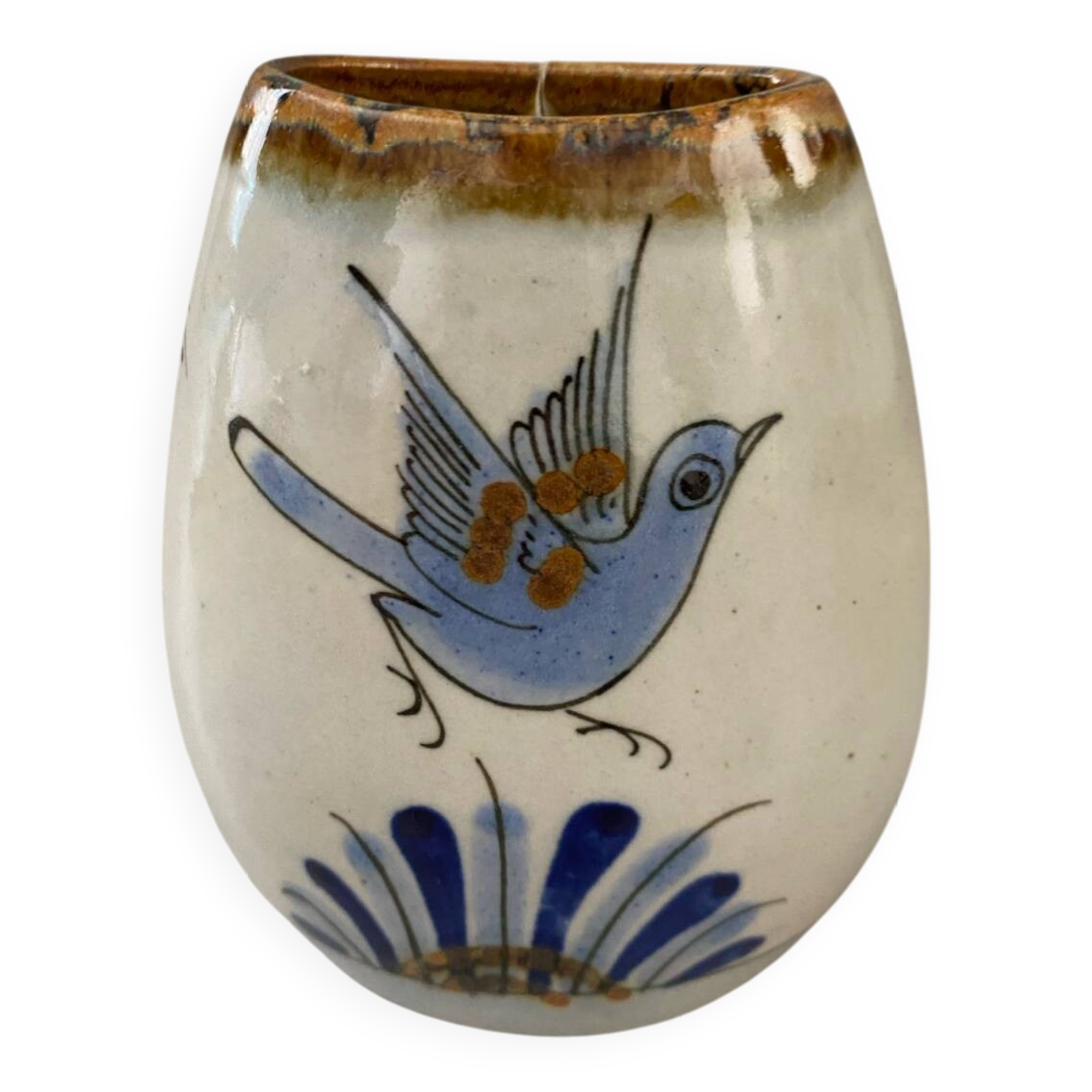 Mexican handcrafted ceramic vase signed bird flower