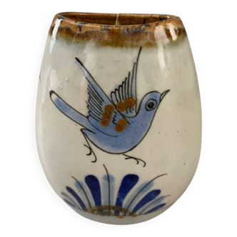 Mexican handcrafted ceramic vase signed bird flower